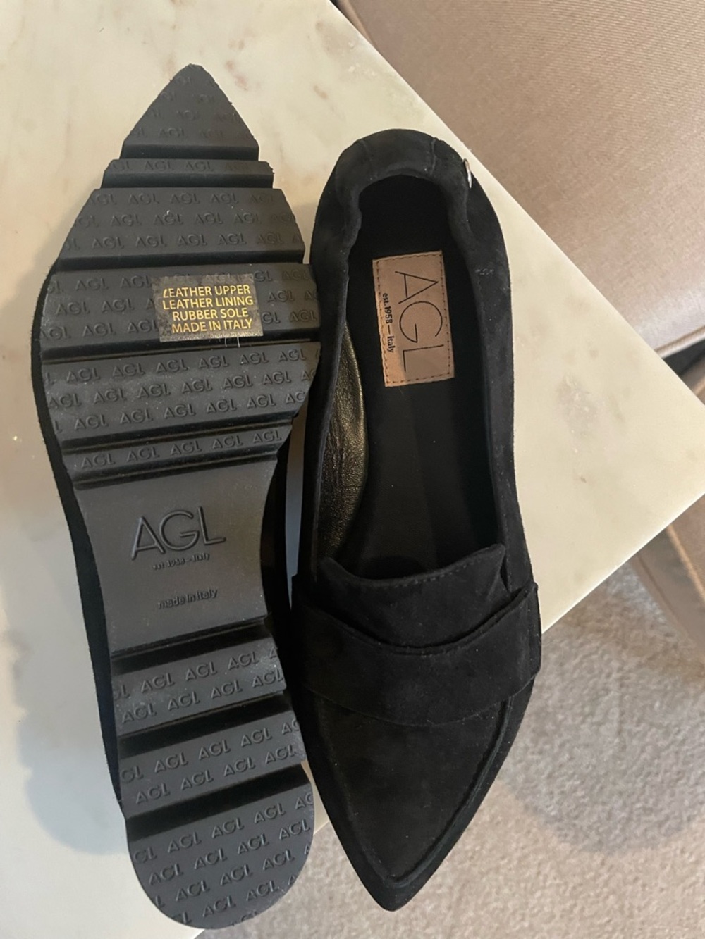 AGL Black Suede Pointed Loafer with White Trim - Picture 4 of 10